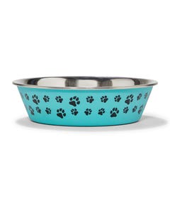 All Day Paw Print Stainless Steel Dog Bowl Aqua