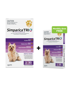 Simparica Trio 2.6-5kg Dog Flea Tick & Worm Chew 3PK + Free 1PK